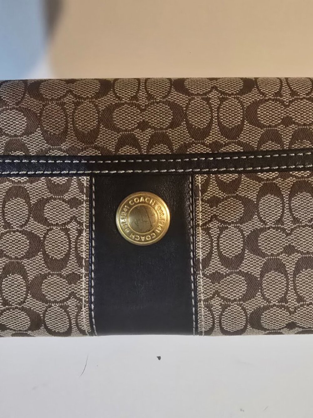 Coach Signature Jacquard Checkbook Wallet Brown Khaki & Black Leather Snap Closu